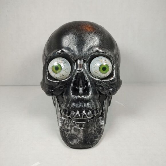 Old East Main Co Black Plastic 7 inch Skull Halloween Tabletop Decor Green Eyes - Picture 5 of 14